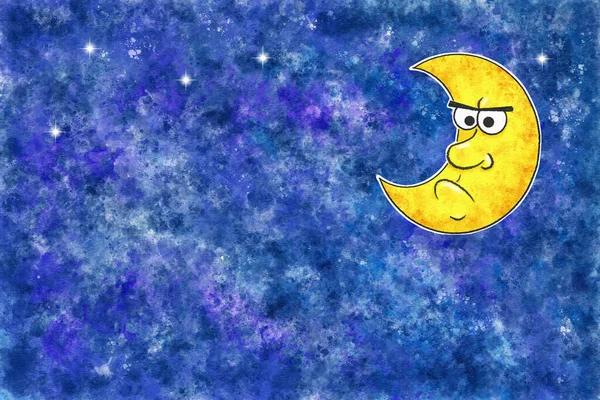 Απεικόνιση Του Θυμωμένου Φεγγάρι Κινουμένων Σχεδίων Στο Νυχτερινό Ουρανό Ακουαρέλα — Φωτογραφία Αρχείου
