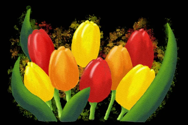 Watercolor Illustration Red Yellow Tulips Black Background Greeting Card — Stock Photo, Image