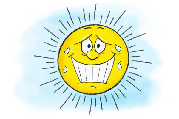 一个汗流浃背的卡通太阳的例子 — 图库照片