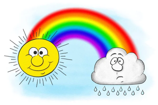 Ilustrasi Kartun Matahari Dan Awan Hujan Dengan Pelangi Langit — Stok Foto