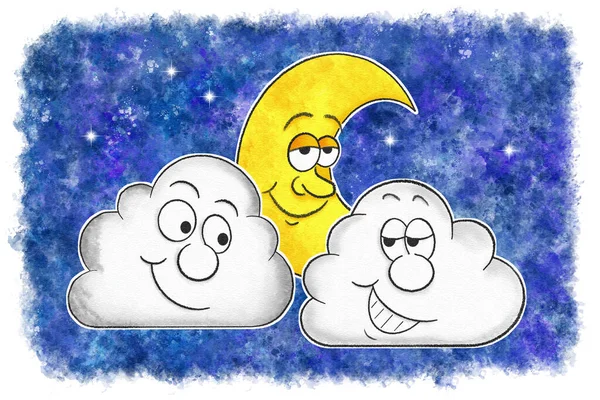 Ilustrasi Kartun Bulan Dengan Awan Langit Malam Cat Air — Stok Foto