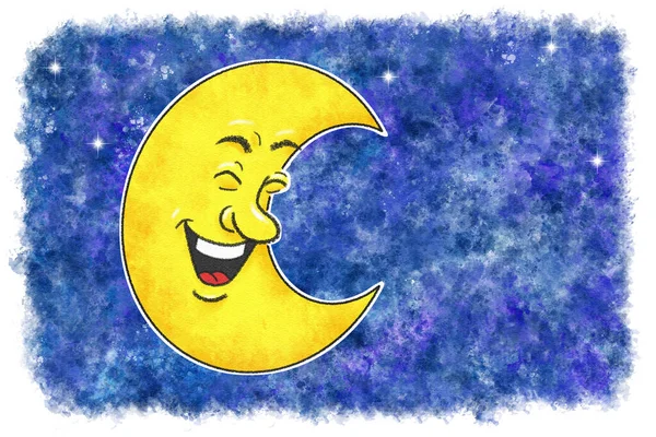 Ilustração Rindo Lua Dos Desenhos Animados Aquarela Céu Noturno — Fotografia de Stock