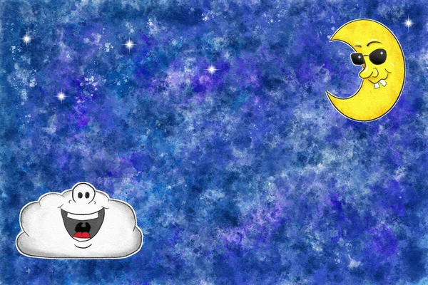 Иллюстрация Улыбающейся Мультяшной Луны Солнцезащитных Очках Смеющегося Облака Акварельном Ночном — стоковое фото