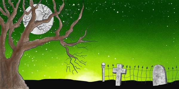 Ilustração Lua Cheia Sobre Cemitério — Fotografia de Stock