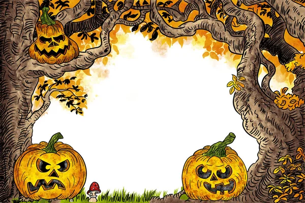Hand Drawn Illustration Halloween Background Pumpkin Faces Trees — Stock Photo, Image