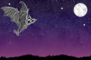 Bir el çizimi karikatür yarasası gece gökyüzünde fotokopi alanı ve yıldızlarla