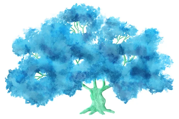 Akvarell Illustration Handmålade Blå Fantasi Träd Vit Bakgrund — Stockfoto
