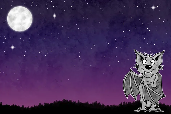 Ilustración Una Mano Dibujada Presentando Murciélago Dibujos Animados Cielo Nocturno — Foto de Stock