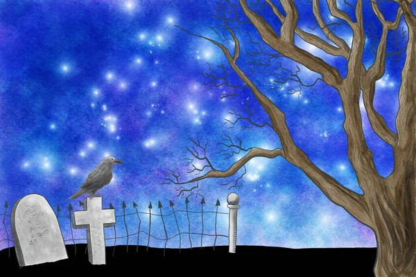 Ilustración Halloween Acuarela Cielo Nocturno Sobre Cementerio — Foto de Stock