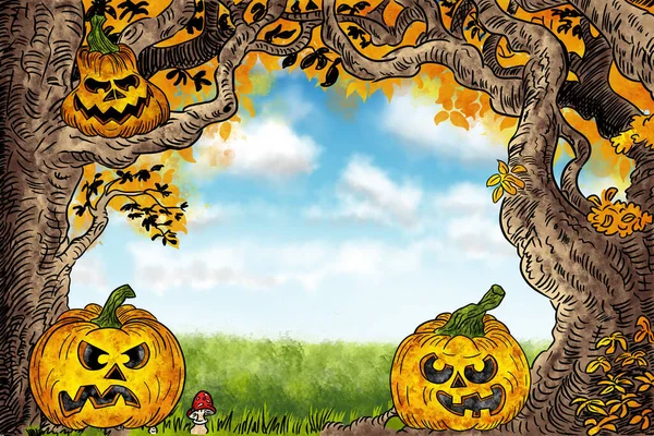 Hand Drawn Illustration Halloween Background Pumpkin Faces Trees — Stock Photo, Image
