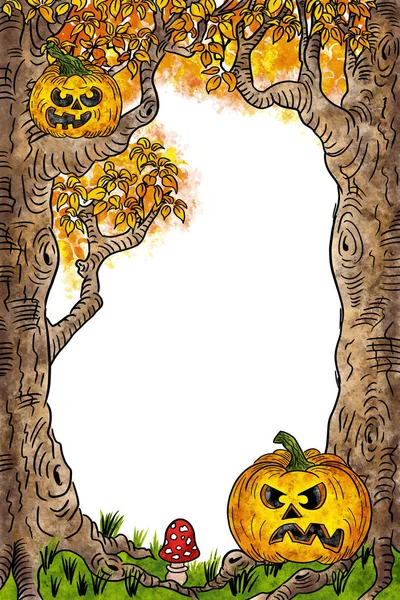 Ζωγραφισμένη Στο Χέρι Απεικόνιση Του Halloween Φόντο Πρόσωπα Κολοκύθας Και — Φωτογραφία Αρχείου