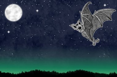Bir el çizimi karikatür yarasası gece gökyüzünde fotokopi alanı ve yıldızlarla