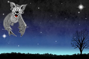 Bir el çizimi karikatür yarasası gece gökyüzünde fotokopi alanı ve yıldızlarla