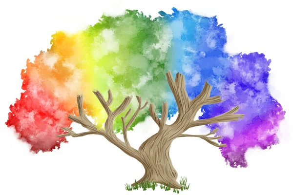 watercolor illustration of hand painted rainbow colored fantasy tree on white background