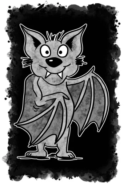 Ilustração Uma Mão Desenhada Apresentando Morcego Cartoon Com Fundo Preto — Fotografia de Stock