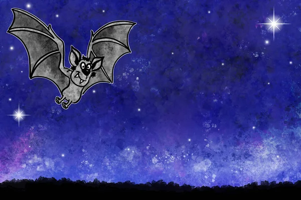 Illustrazione Pipistrello Cartone Animato Disegnato Mano Nel Cielo Notturno Con — Foto Stock