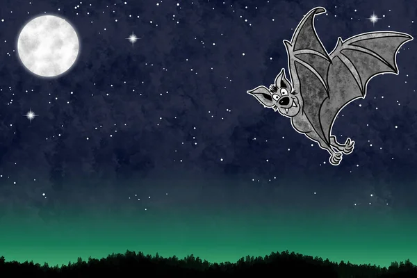 Illustration Einer Handgezeichneten Cartoon Fledermaus Nachthimmel Mit Kopierraum Und Sternen — Stockfoto