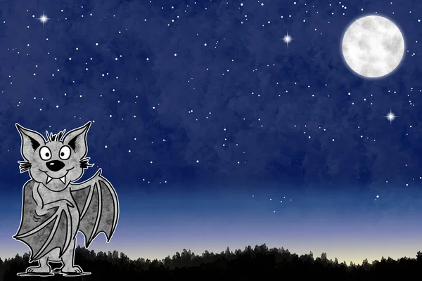 Ilustração Uma Mão Desenhada Apresentando Morcego Cartoon Céu Noturno Com — Fotografia de Stock