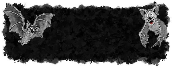 Иллюстрация Рукописной Мультяшной Летучей Мыши Черным Фоном Баннера Копировальным Пространством — стоковое фото
