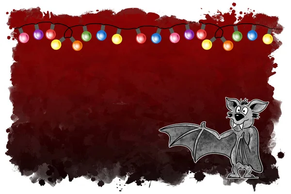 Illustration Hand Drawn Cartoon Bat Black Red Background Chain Lights — Stock Photo, Image