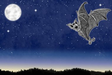 Bir el çizimi karikatür yarasası gece gökyüzünde fotokopi alanı ve yıldızlarla