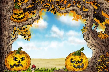 Kabak yüzlü ve ağaçlı Cadılar Bayramı arkaplanının el çizimi