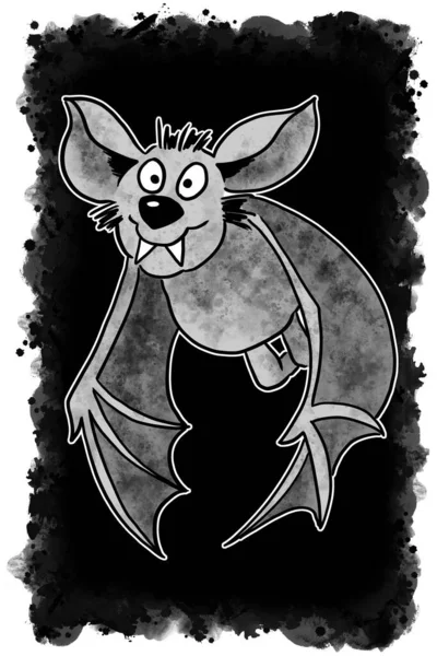 Illustrazione Pipistrello Del Fumetto Volante Disegnato Mano Con Sfondo Nero — Foto Stock
