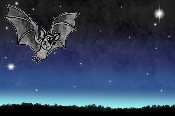 Иллюстрация Нарисованной Вручную Мультяшной Летучей Мыши Ночном Небе Копировальным Пространством — стоковое фото