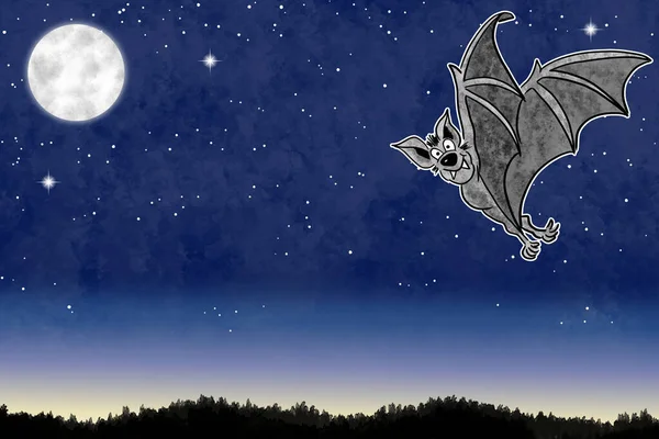 用复制的空间和星星在夜空中手绘卡通蝙蝠的图解 — 图库照片