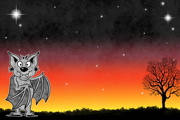 illustration of a hand drawn presenting cartoon bat in night sky with copy space and stars