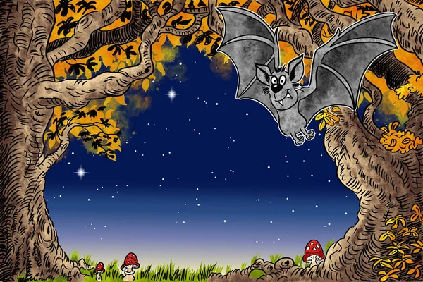 Ручная Иллюстрация Хэллоуина Фоне Летучих Мышей Деревьев — стоковое фото