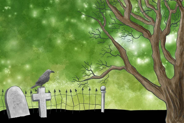Ilustración Halloween Acuarela Cielo Nocturno Sobre Cementerio — Foto de Stock