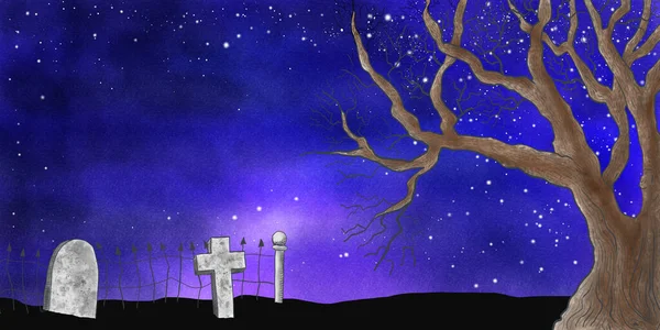 Ilustração Céu Noite Aquarela Halloween Sobre Cemitério — Fotografia de Stock
