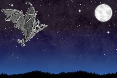 Bir el çizimi karikatür yarasası gece gökyüzünde fotokopi alanı ve yıldızlarla