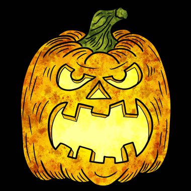 Bir el çizimi cadılar bayramı balkabağı. Yüzü siyah üzerine izole edilmiş.