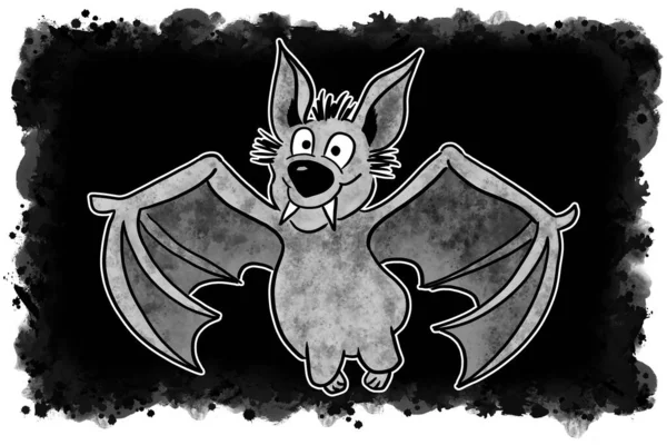 Illustrazione Pipistrello Del Fumetto Volante Disegnato Mano Con Sfondo Nero — Foto Stock