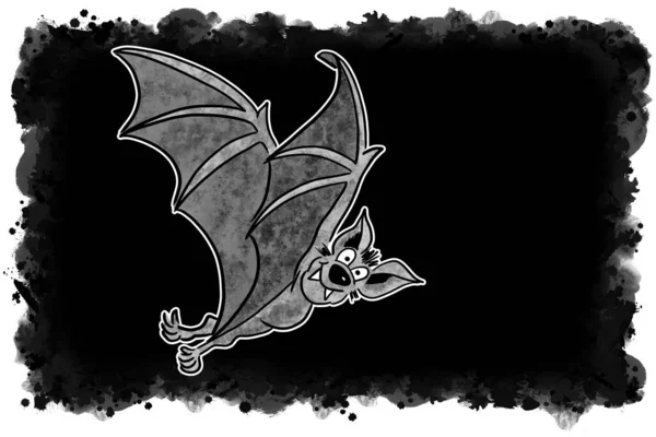 Illustration Einer Handgezeichneten Fliegenden Cartoon Fledermaus Mit Schwarzem Hintergrund — Stockfoto
