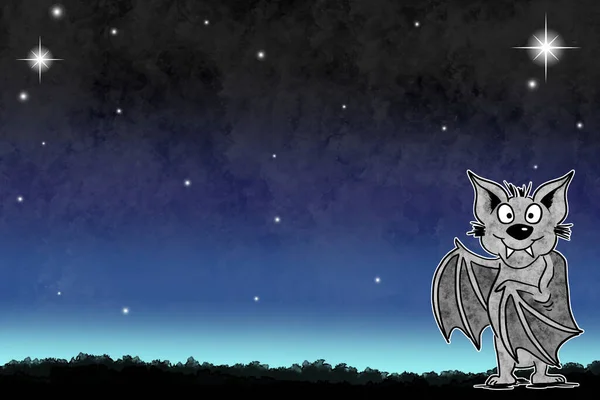 Иллюстрация Ручной Работы Изображающей Мультяшную Летучую Мышь Ночном Небе Копировальным — стоковое фото