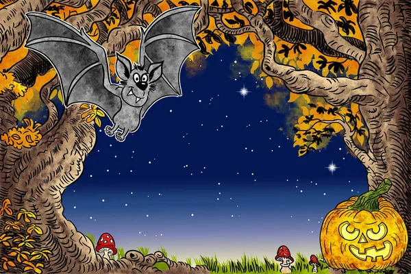Ζωγραφισμένη Στο Χέρι Απεικόνιση Του Halloween Φόντο Νυχτερίδα Και Δέντρα — Φωτογραφία Αρχείου