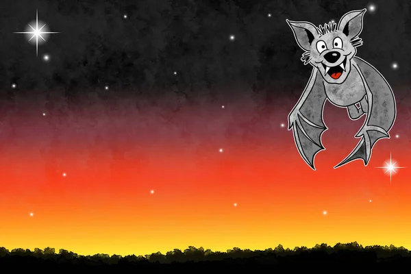 Ilustración Murciélago Dibujado Mano Cielo Nocturno Con Espacio Copia Estrellas — Foto de Stock