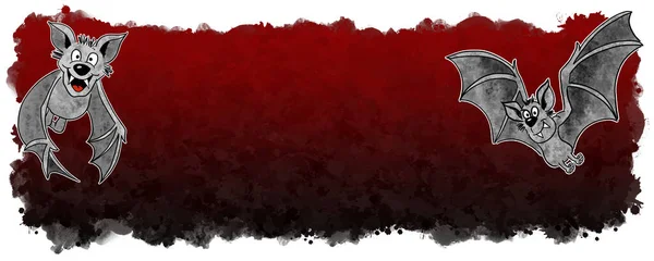 Иллюстрация Рукописной Мультяшной Летучей Мыши Фоне Черного Красного Баннеров Копировального — стоковое фото