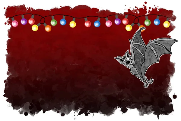 Illustration Hand Drawn Cartoon Bat Black Red Background Chain Lights — Stock Photo, Image