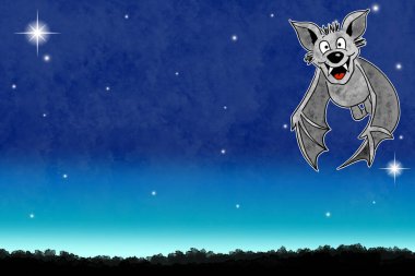 Bir el çizimi karikatür yarasası gece gökyüzünde fotokopi alanı ve yıldızlarla