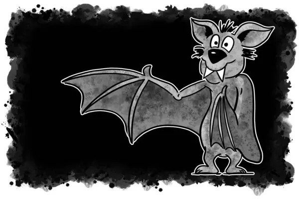 Ilustração Uma Mão Desenhada Apresentando Morcego Cartoon Com Fundo Preto — Fotografia de Stock