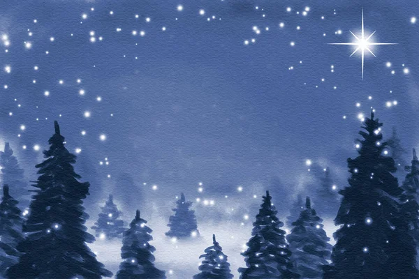 Ακουαρέλα Απεικόνιση Του Χειμερινού Τοπίου Έναστρο Ουρανό Φόντο — Φωτογραφία Αρχείου