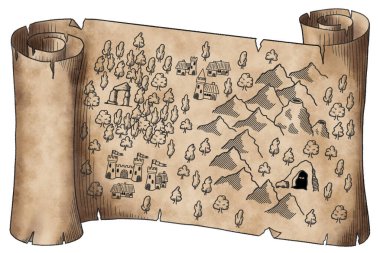 Beyaz zemin üzerinde ortaçağ haritası olan kalem çizgileri ve suluboya parşömen çizimi