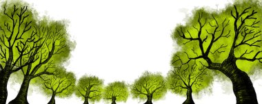 Geniş açılı sıra yeşil ağaçlar, kalemle ve suluboya ile elle çizilmiş resimler. 