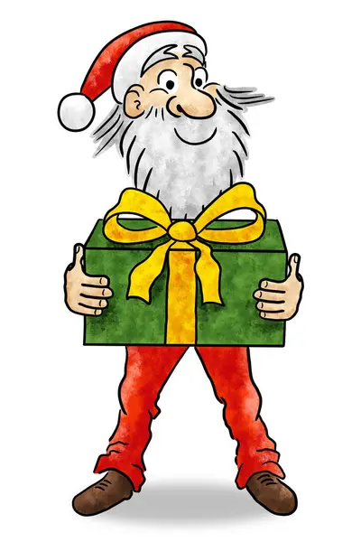 Ζωγραφισμένη Στο Χέρι Απεικόνιση Του Καρτούν Santa Claus Κρατώντας Ένα — Φωτογραφία Αρχείου