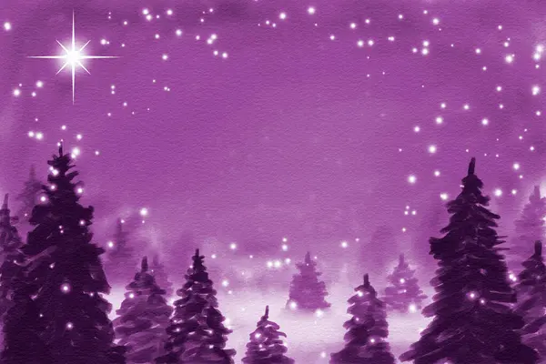 Ακουαρέλα Απεικόνιση Του Χειμερινού Τοπίου Έναστρο Ουρανό Φόντο — Φωτογραφία Αρχείου