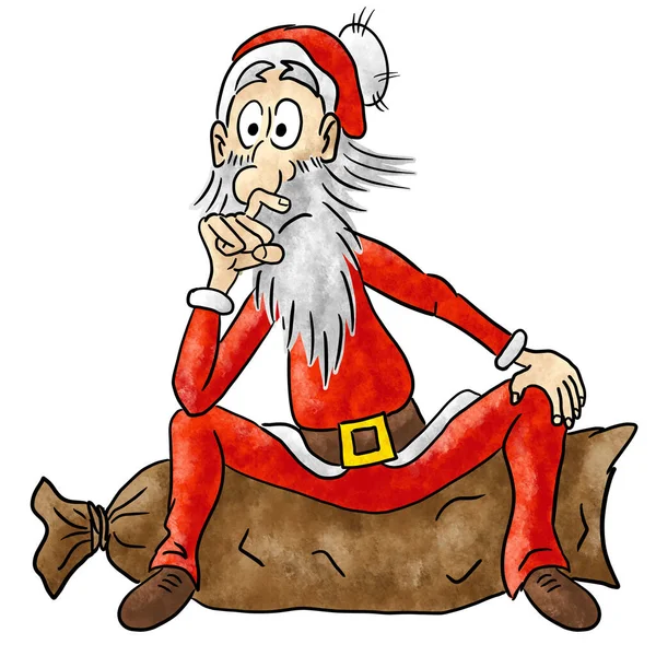 Hand Drawn Illustration Cartoon Santa Claus Sitting Pensively Gift Bag — Stock Photo, Image